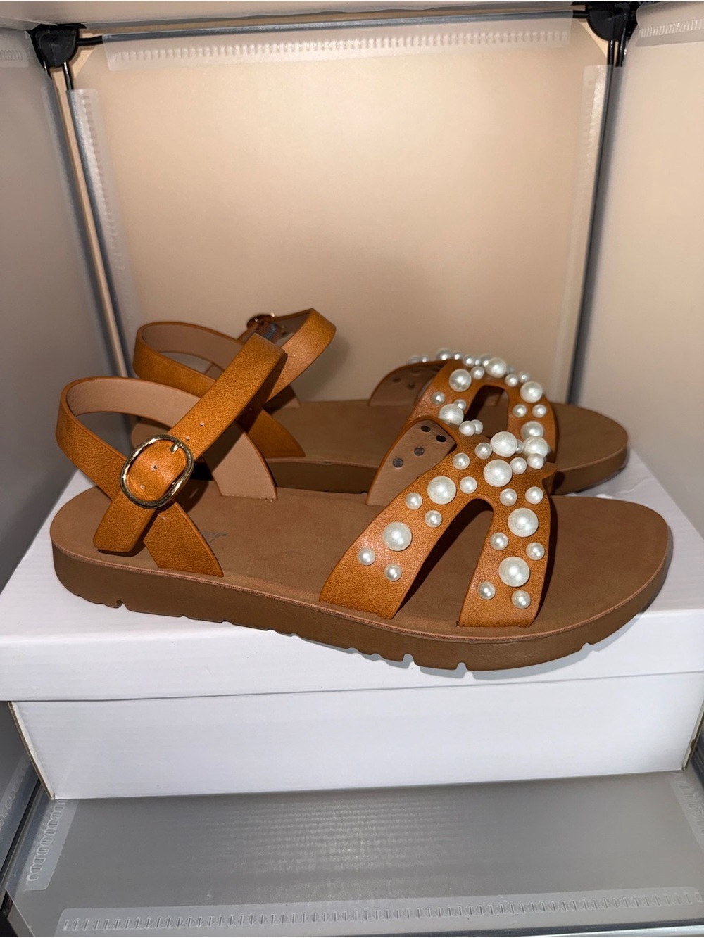 Forever Women's Tan Pearl-Embellished Ankle-Strap Flat Sandals Size 6